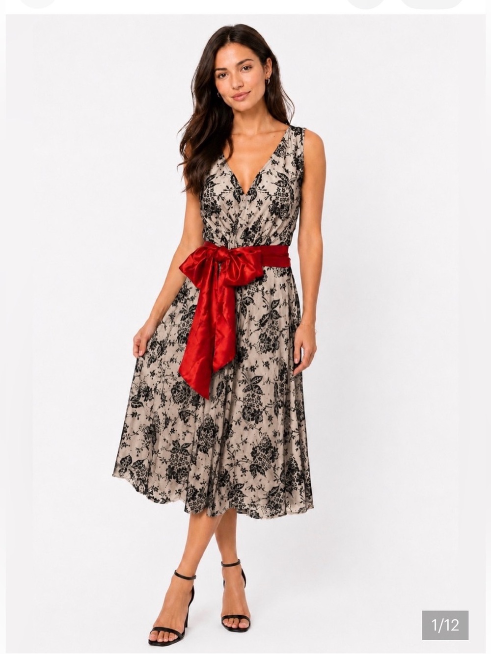 Anne Hung Black Lace Midi Cocktail Dress Red Satin Sash Size 0